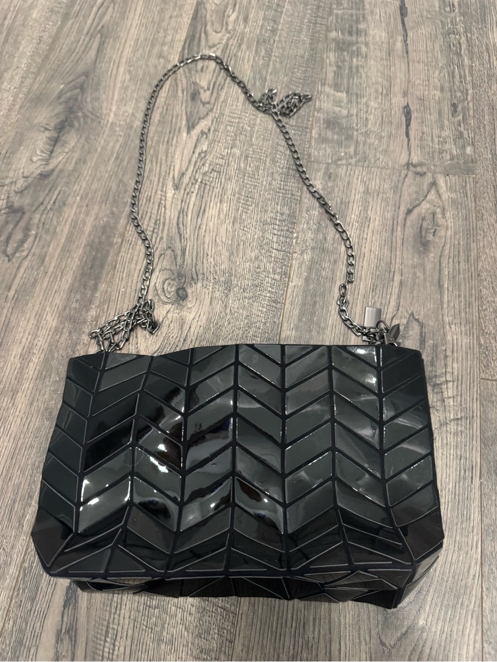 Patrizia Luca Black Patent Geometric Shoulder Bag with Silver Chain